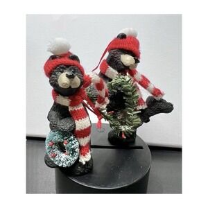 Vintage 2 Kurt S. Adler Black Bear Christmas Ornaments Red Knit Hats‎ & Scarves
